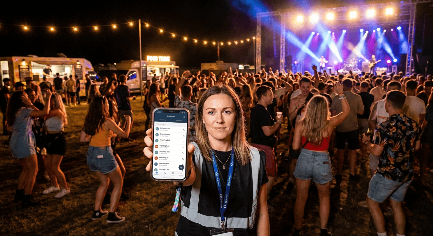 Festival organiser managing event with phone