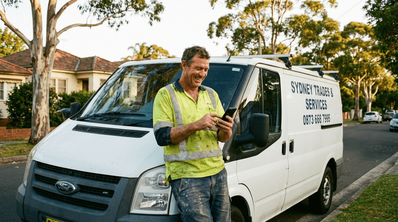 Australian tradesman checking phone next to work van